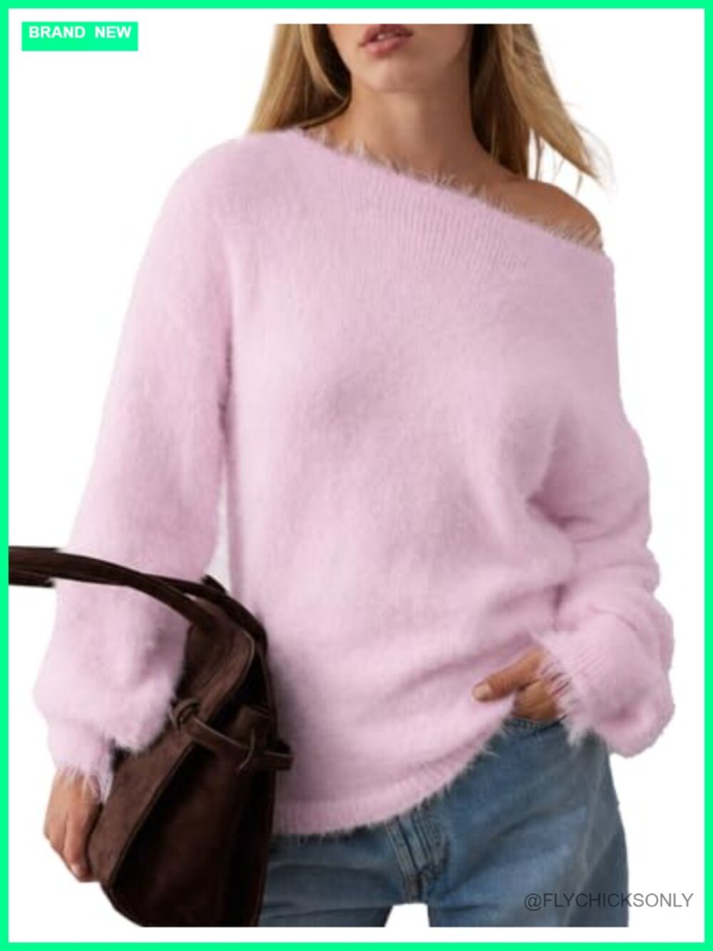 Women Off Shoulder Fuzzy Knit Sweater Loose Slouchy Pullover